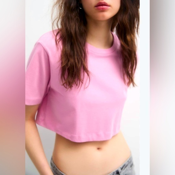 Zara loose fit crop top tee t-shirt short sleeve plain in Barbie pink size S - Picture 1 of 7